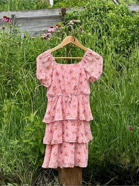 Pink Floral Puff Sleeve Tiered Mini Dress Cottagecore Romantic Francesca’s M